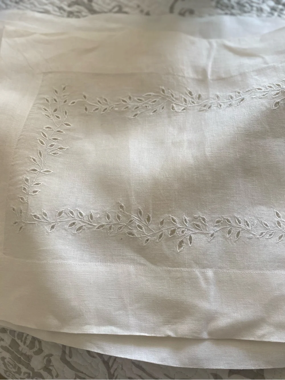 Embroidered White Linen placemats  - Delicate Leaf Motif off  white